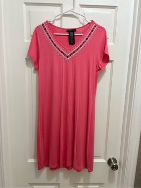 Pink V-Neck Midi Dress with Embellished Trim
